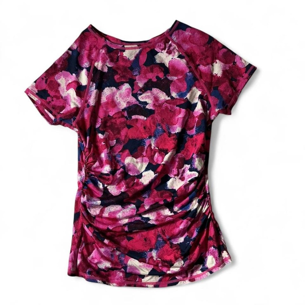 Calvin Klein Floral Ruched Performance Top Womens Small Pink Watercolor Athletic